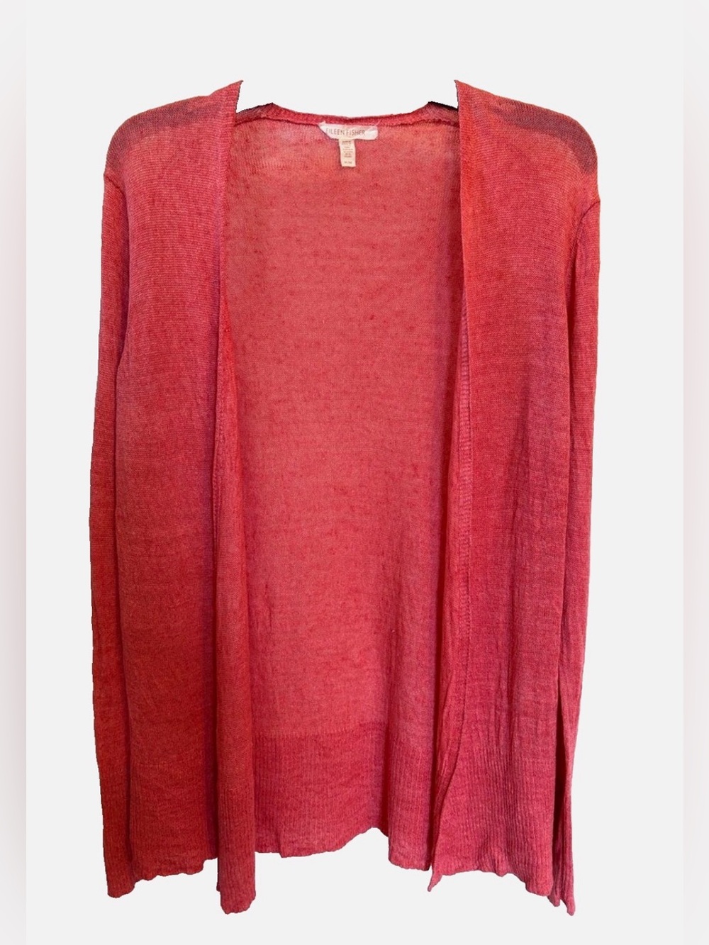Eileen Fisher 100% Linen Open Front Cardigan Coral Long Sleeve M